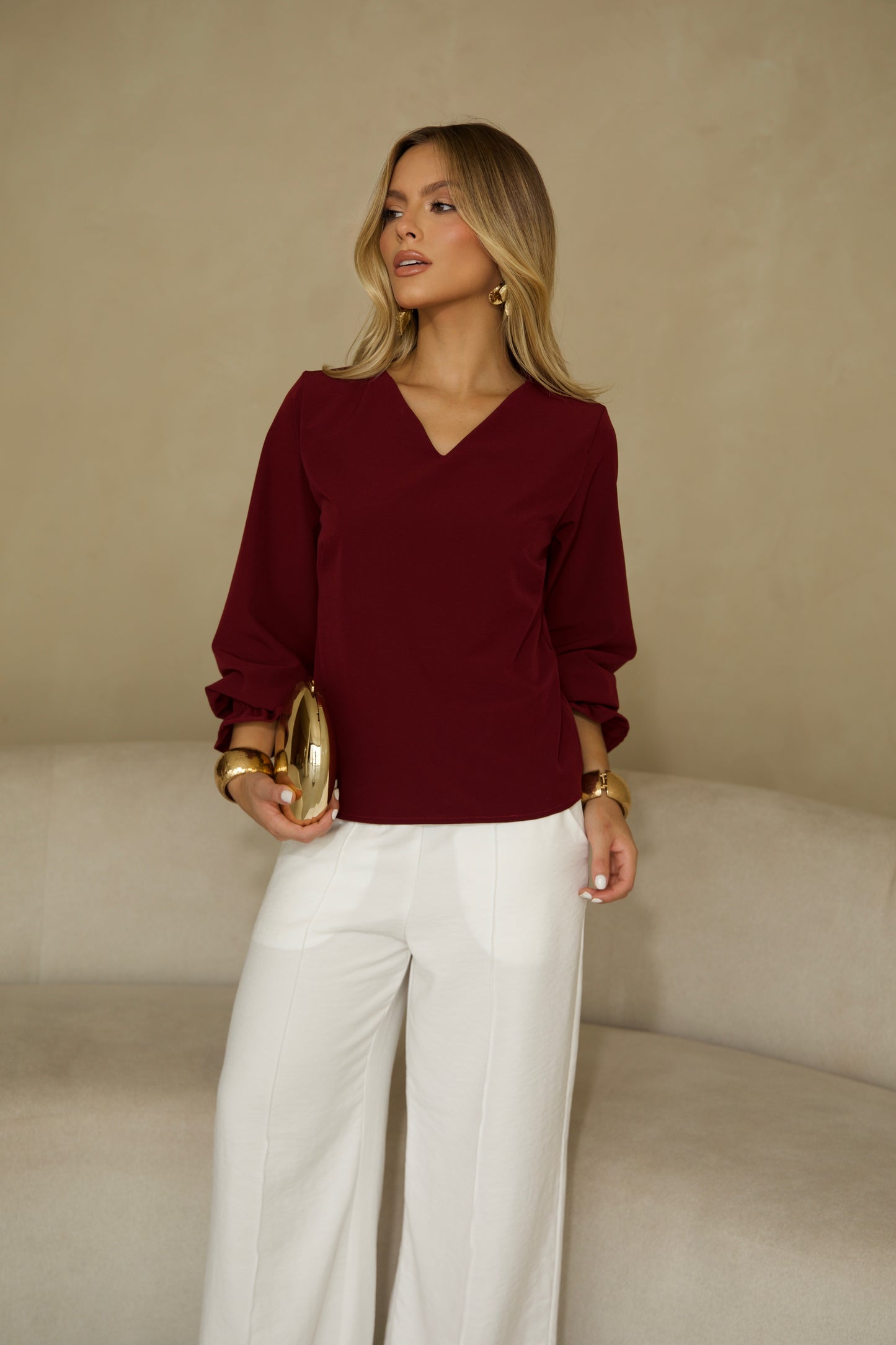 Burgundy V-Neck Blouse