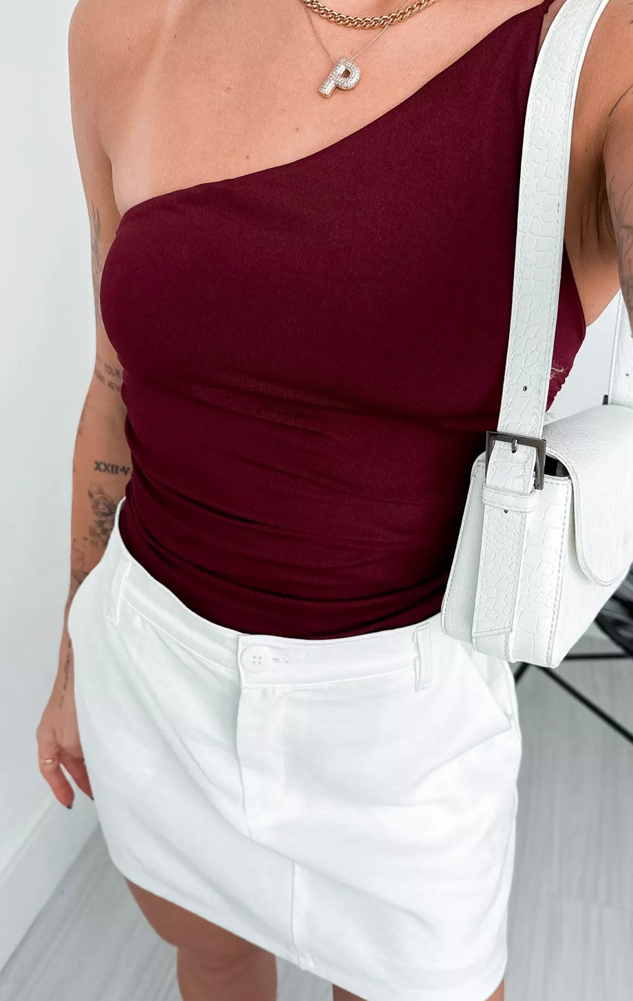 Burgundy One-Shoulder Bodysuit