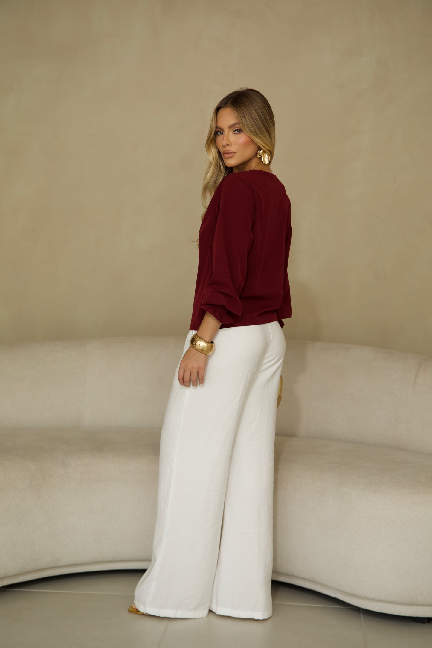 Burgundy V-Neck Blouse
